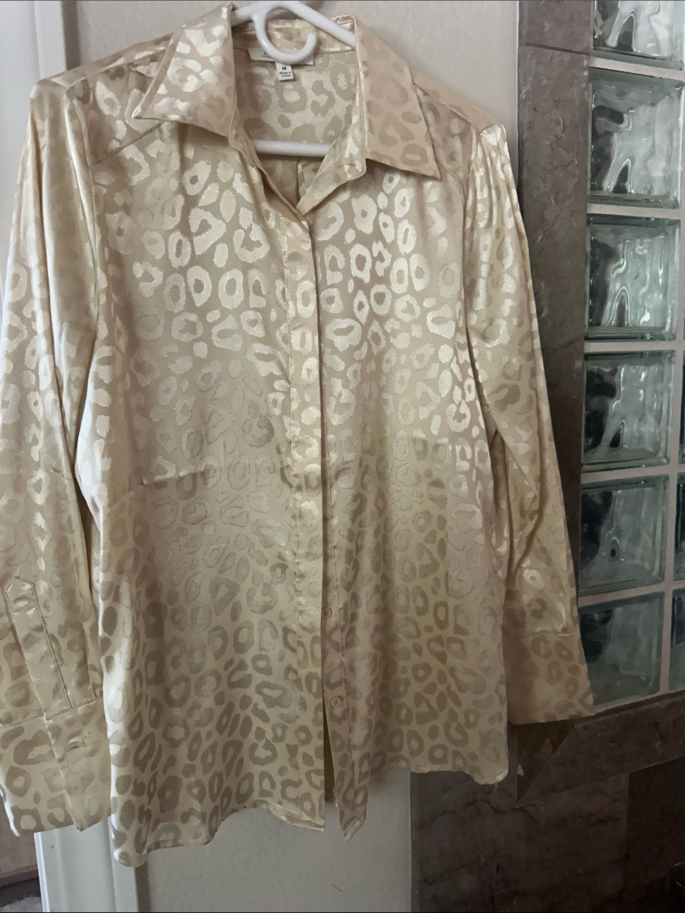 12th Tribe Satin Leopard Jacquard Blouse in Cream and Gold